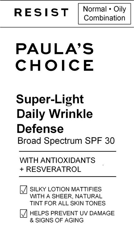 RESIST NORMAL · OILY COMBINATION PAULA'S CHOICE SUPER-LIGHT DAILY WRINKLE DEFENSE BROAD SPECTRUM SPF 30 WITH ANTIOXIDANTS + RESVERATROL SILKY LOTION MATTIFIES WITH A SHEER, NATURAL TINT FOR ALL SKIN TONES HELPS PREVENT UV DAMAGE & SIGNS OF AGING