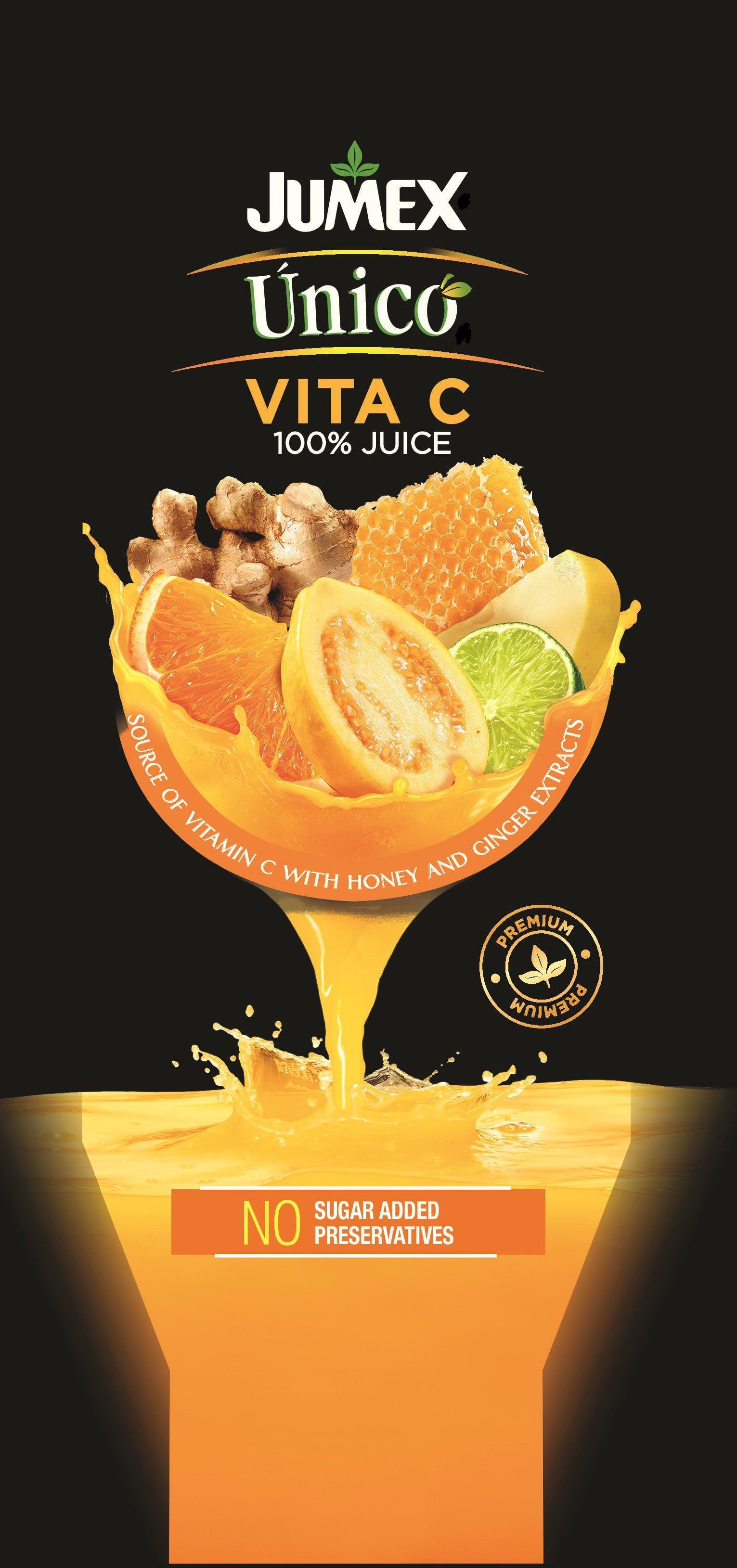 JUMEX ÚNICO VITA C 100% JUICE SOURCE OFVITAMIN C WITH HONEY AND GINGER EXTRACTS · PREMIUM · PREMIUM NO SUGAR ADDED PRESERVATIVES