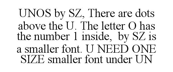 UNOS BY SZ, THERE ARE DOTS ABOVE THE U. THE LETTER O HAS THE NUMBER 1 INSIDE, BY SZ IS A SMALLER FONT. U NEED ONE SIZE SMALLER FONT UNDER UN