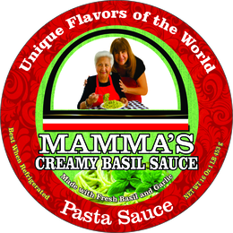 UNIQUE FLAVORS OF THE WORLD MAMMA’S CREAMY BASIL SAUCE MADE WITH FRESH BASIL AND GARLIC BEST WHEN REFRIGERATED NET WT 16 0Z 1 LB 453 G PASTA SAUCE